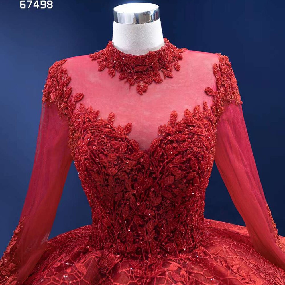 Serene Hill Red Long SsleevesLuxury Lace Beaded Lace Up Ball Gown Bride Gowns Wedding Dress 2025 High End Custom Made HM67498 - SERENE HILL