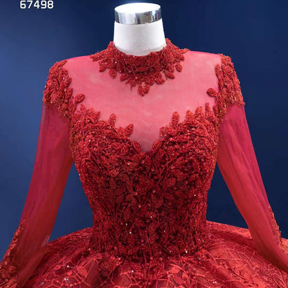 Serene Hill Red Long SsleevesLuxury Lace Beaded Lace Up Ball Gown Bride Gowns Wedding Dress 2025 High End Custom Made HM67498 - SERENE HILL