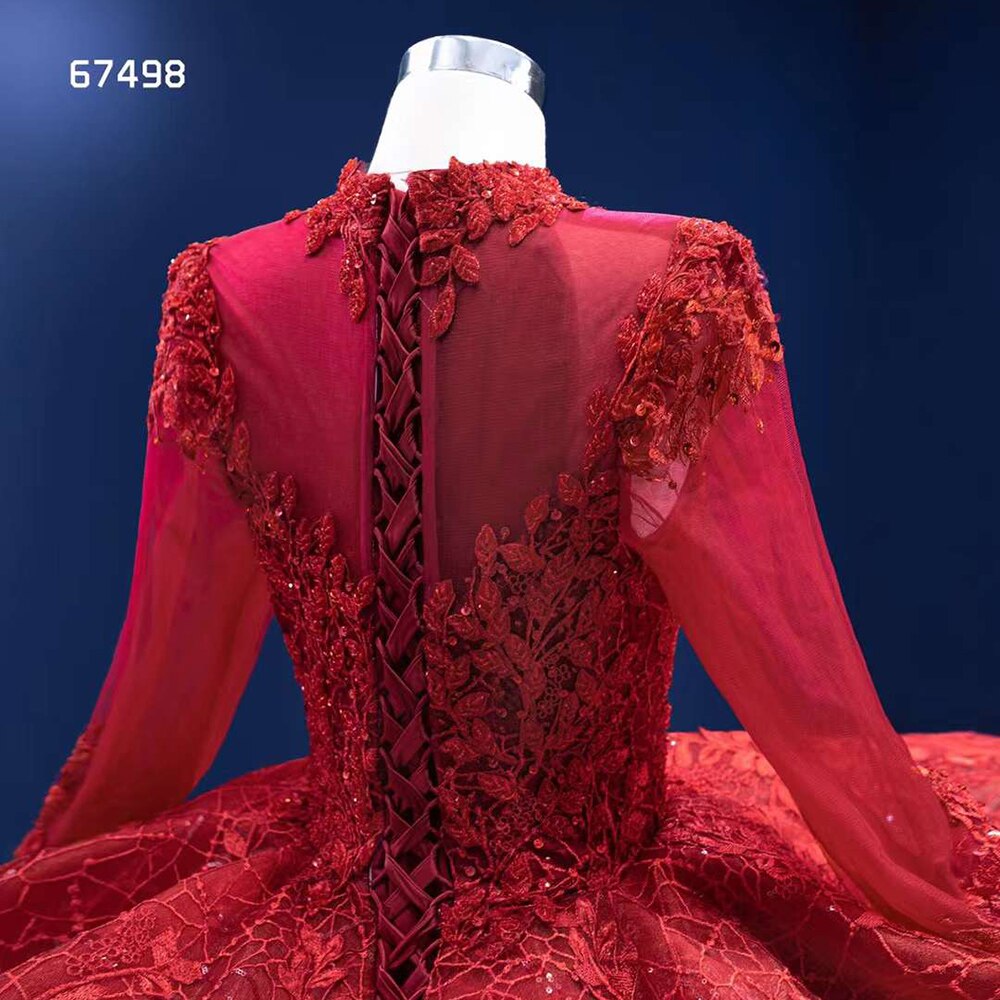 Serene Hill Red Long SsleevesLuxury Lace Beaded Lace Up Ball Gown Bride Gowns Wedding Dress 2025 High End Custom Made HM67498 - SERENE HILL