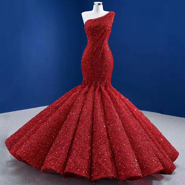 Serene Hill Red One Shoulder Luxury Evening Dresses 2025 Sequins Beaded Mermiad Elegant Bridal For Women Party HM67447