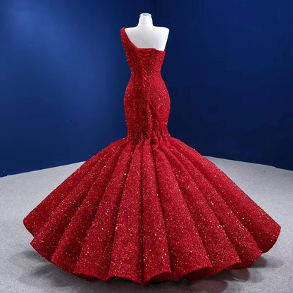 Serene Hill Red One Shoulder Luxury Evening Dresses 2025 Sequins Beaded Mermiad Elegant Bridal For Women Party HM67447 - SERENE HILL