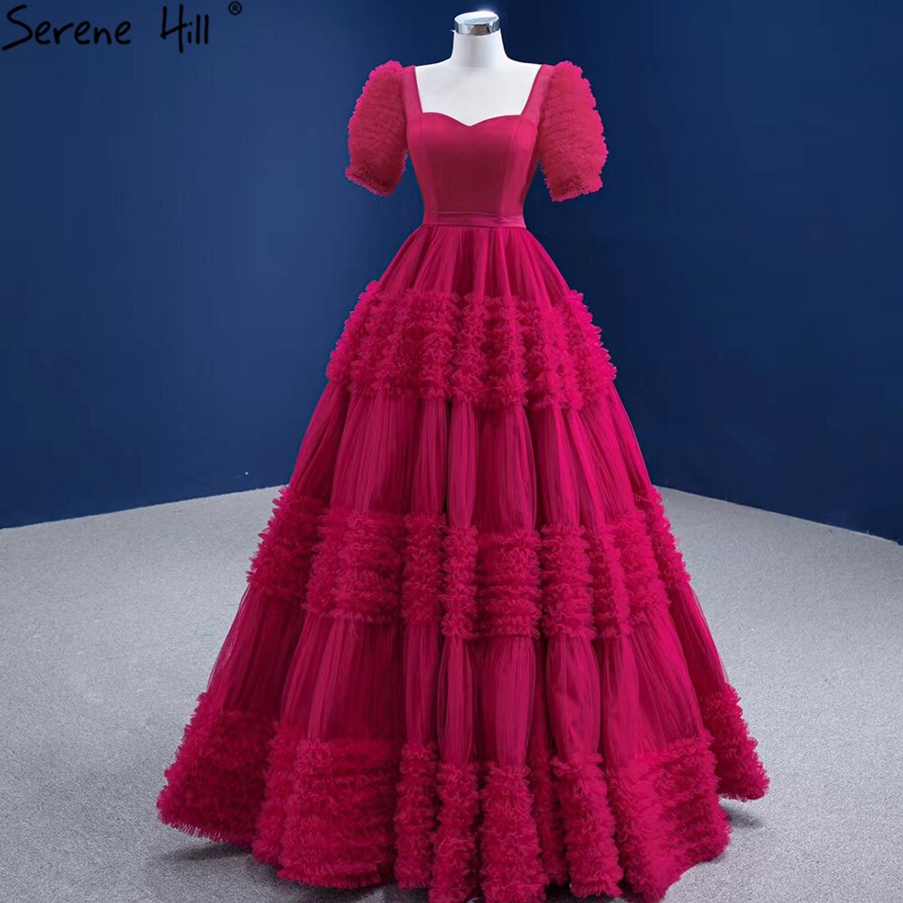 Serene Hill Red Puff Sleeves Wedding Dresses 2025 Ruffles Sexy Lace Up Bride Gowns HM67361 Custom Made - SERENE HILL