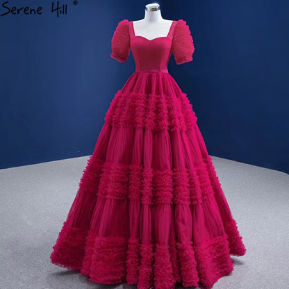 Serene Hill Red Puff Sleeves Wedding Dresses 2025 Ruffles Sexy Lace Up Bride Gowns HM67361 Custom Made - SERENE HILL