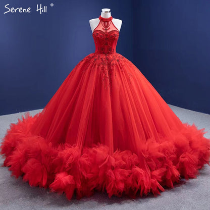 Serene Hill Red Ruffles Beaded Luxury Wedding Dresses 2025 Sleeveless Lace Up Sexy Bride Gowns HM67324 Custom Made - SERENE HILL