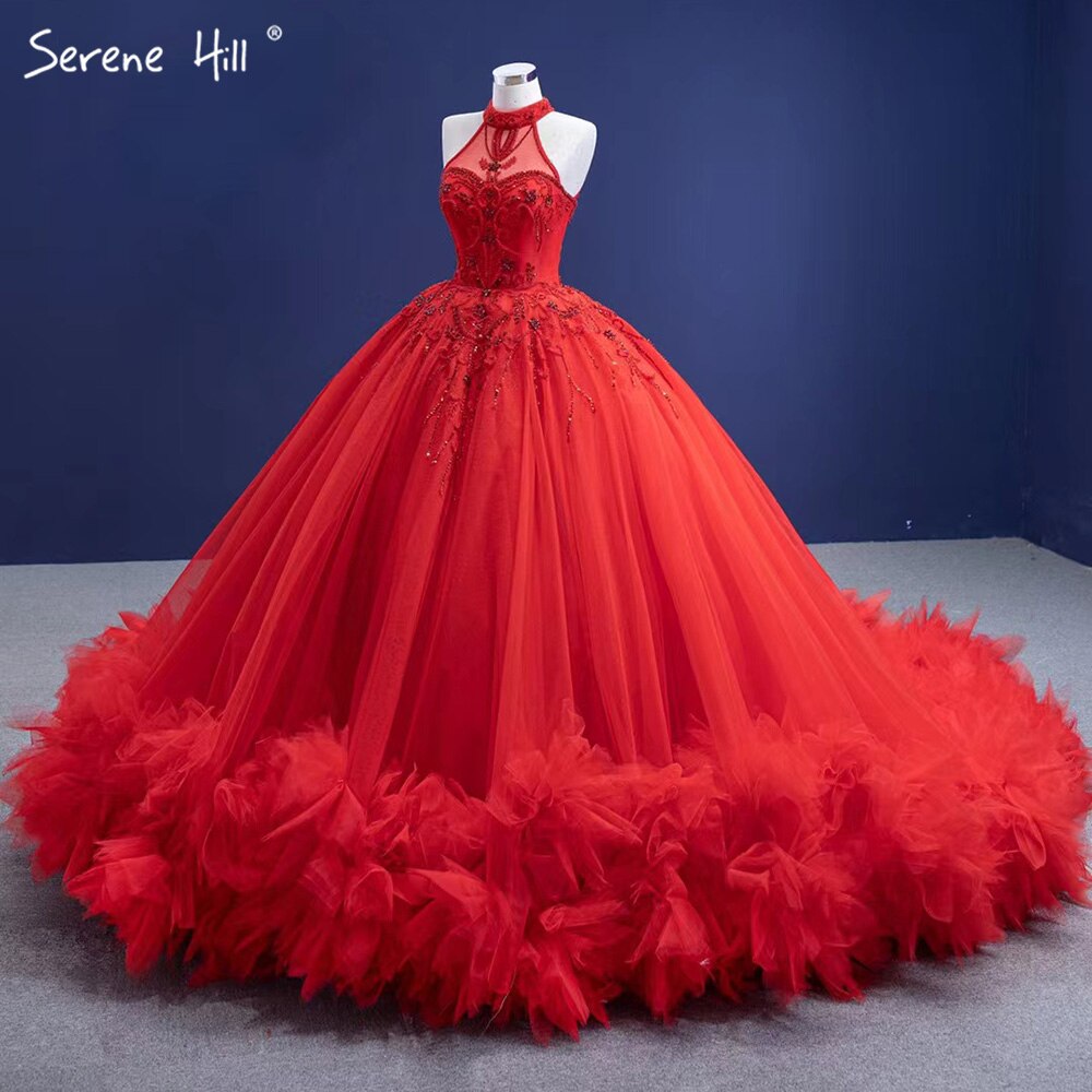 Serene Hill Red Ruffles Beaded Luxury Wedding Dresses 2025 Sleeveless Lace Up Sexy Bride Gowns HM67324 Custom Made - SERENE HILL