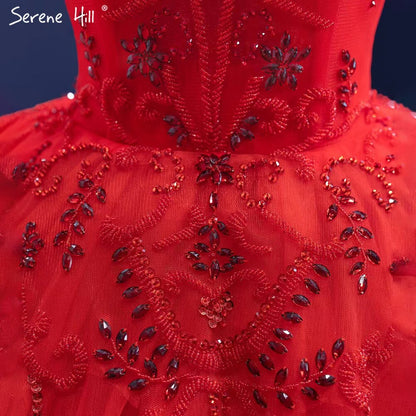 Serene Hill Red Ruffles Beaded Luxury Wedding Dresses 2025 Sleeveless Lace Up Sexy Bride Gowns HM67324 Custom Made - SERENE HILL