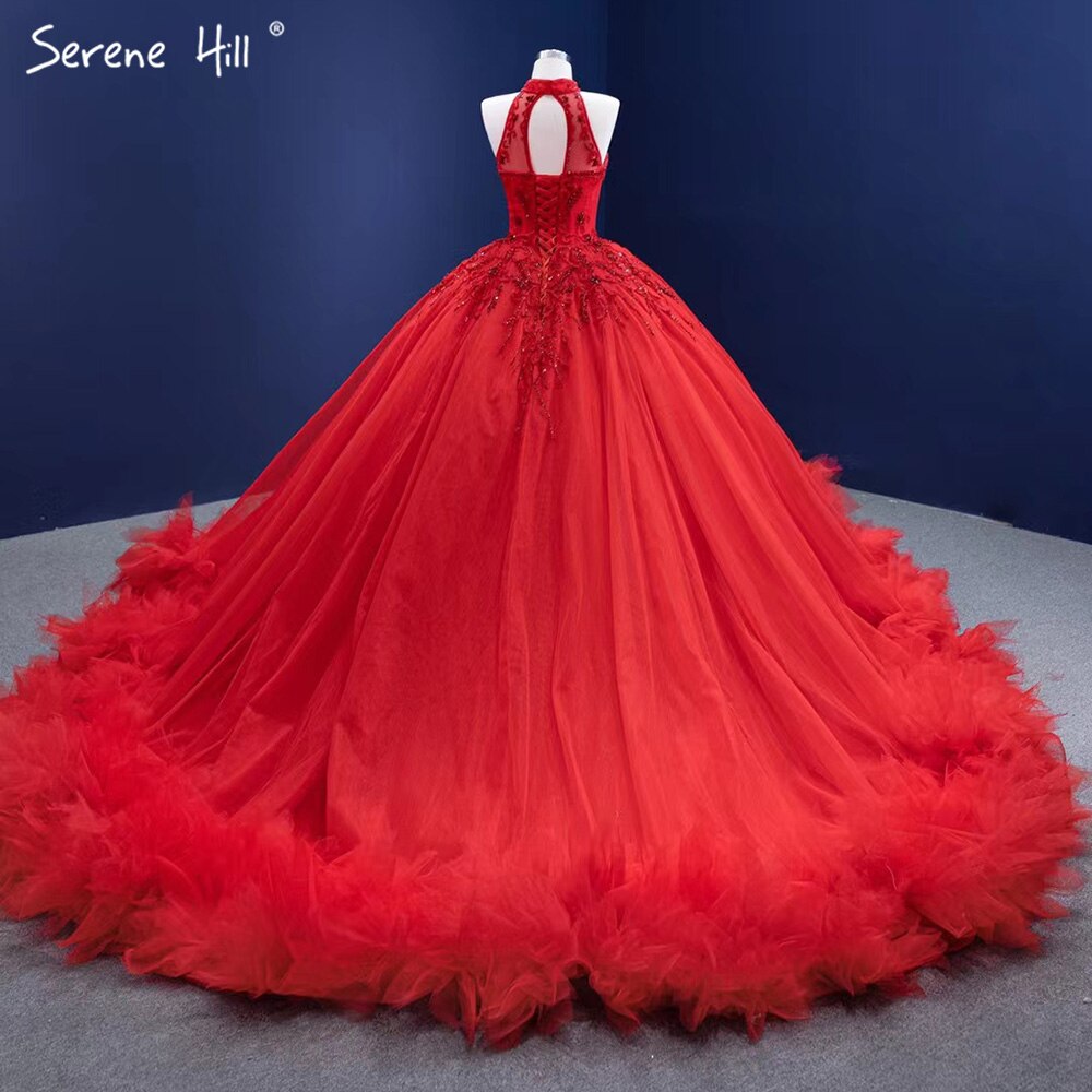 Serene Hill Red Ruffles Beaded Luxury Wedding Dresses 2025 Sleeveless Lace Up Sexy Bride Gowns HM67324 Custom Made - SERENE HILL