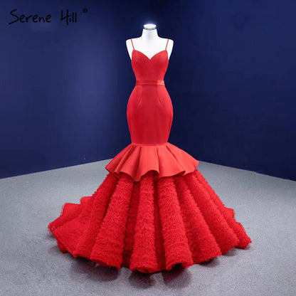 Serene Hill Red Ruffles Mermaid Wedding Dresses 2025 Spaghetti Strap Elegant Sexy Bride Gowns HM67311 Custom Made - SERENE HILL