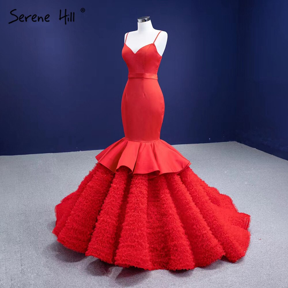 Serene Hill Red Ruffles Mermaid Wedding Dresses 2025 Spaghetti Strap Elegant Sexy Bride Gowns HM67311 Custom Made - SERENE HILL
