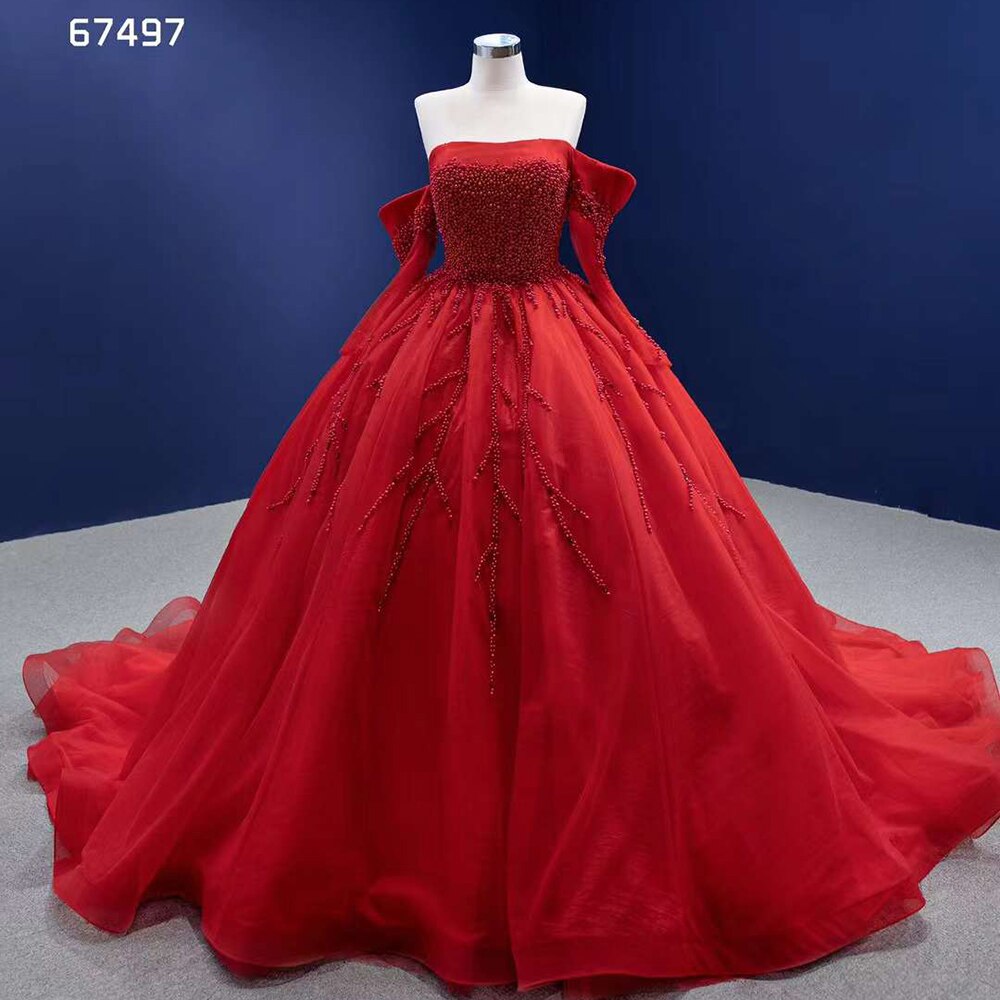 Serene Hill Red Sexy Off Shoulder Pearls Luxury Beaded Ball Gown Bride Gowns Wedding Dress 2025 High End Custom Made HM67497 - SERENE HILL
