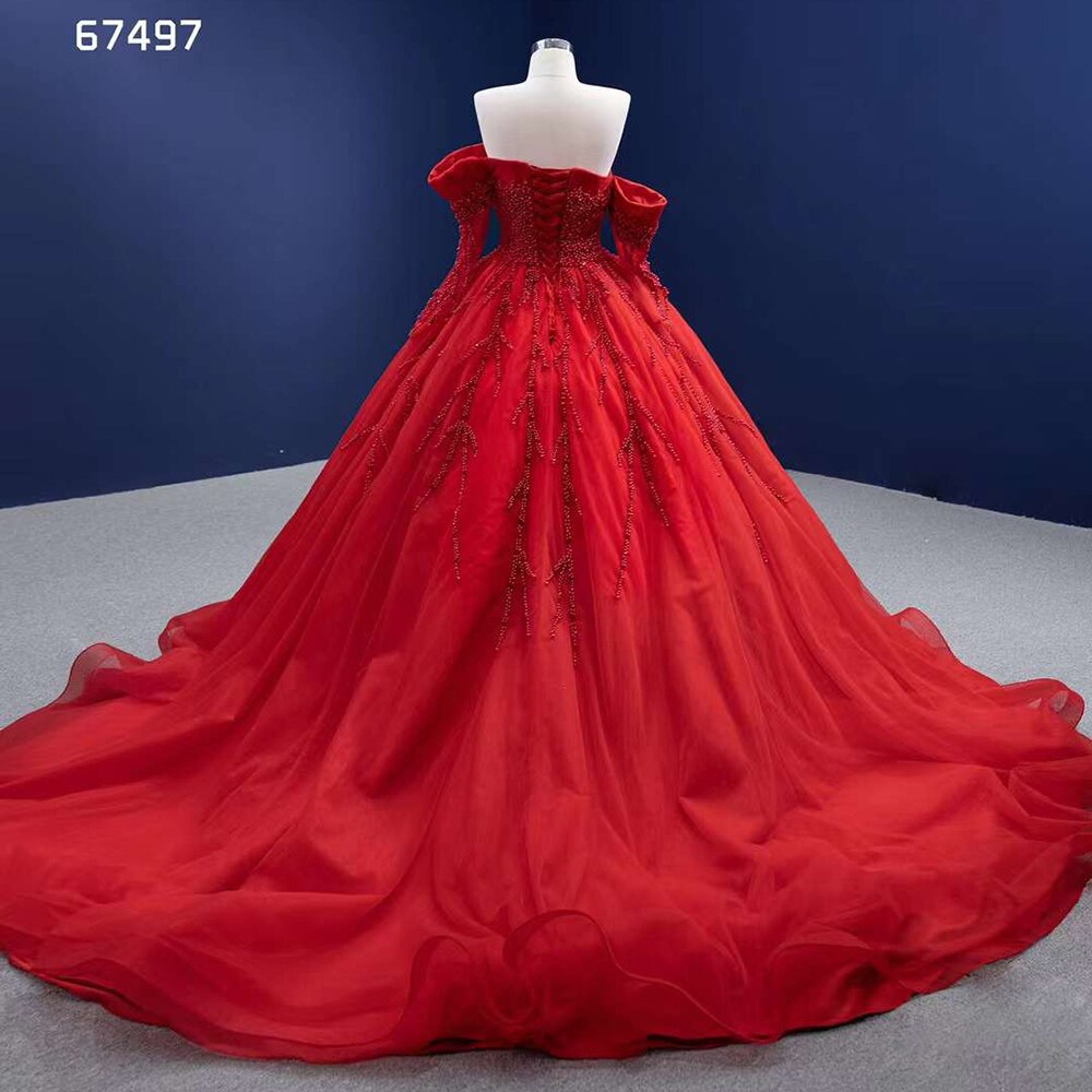 Serene Hill Red Sexy Off Shoulder Pearls Luxury Beaded Ball Gown Bride Gowns Wedding Dress 2025 High End Custom Made HM67497 - SERENE HILL