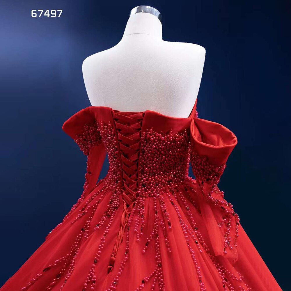 Serene Hill Red Sexy Off Shoulder Pearls Luxury Beaded Ball Gown Bride Gowns Wedding Dress 2025 High End Custom Made HM67497 - SERENE HILL