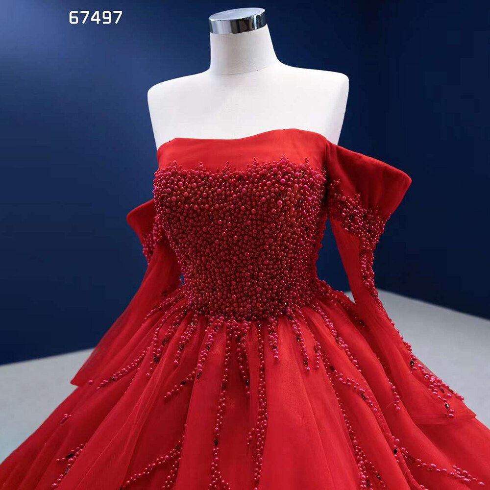 Serene Hill Red Sexy Off Shoulder Pearls Luxury Beaded Ball Gown Bride Gowns Wedding Dress 2025 High End Custom Made HM67497 - SERENE HILL