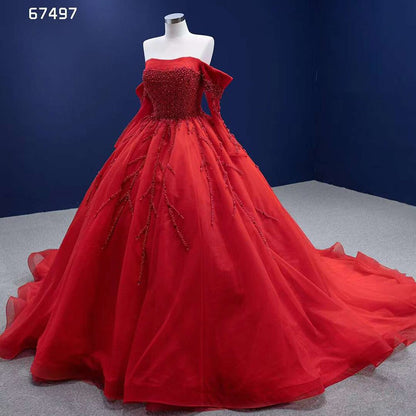 Serene Hill Red Sexy Off Shoulder Pearls Luxury Beaded Ball Gown Bride Gowns Wedding Dress 2025 High End Custom Made HM67497 - SERENE HILL