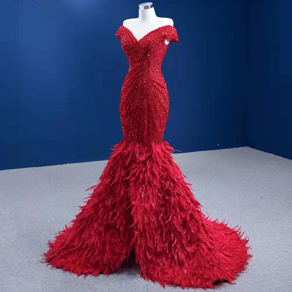 Serene Hill Rode Luxe Elegant Avond Jurken 2025 Sequin Feather Mermaid Voor Vrouwen Party HM67433 - SERENE HILL