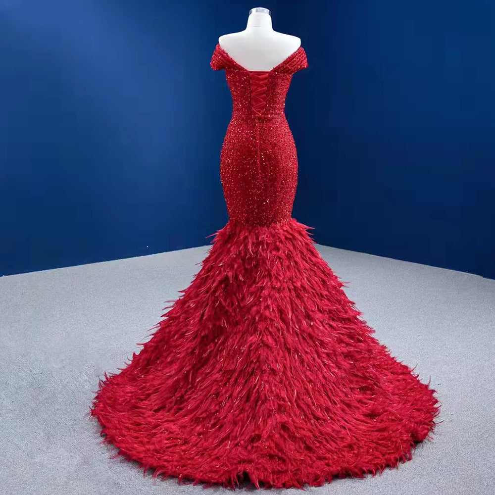 Serene Hill Rode Luxe Elegant Avond Jurken 2025 Sequin Feather Mermaid Voor Vrouwen Party HM67433 - SERENE HILL