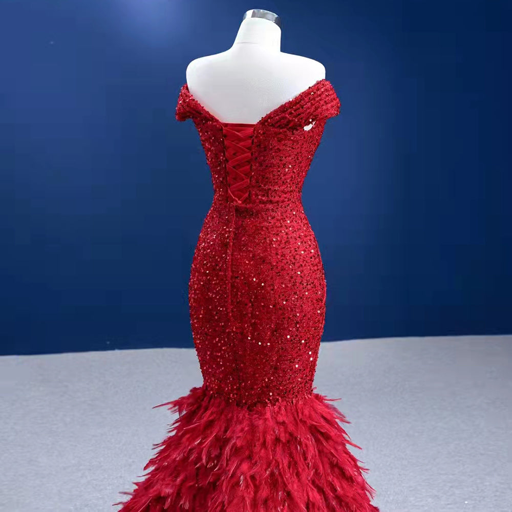 Serene Hill Rode Luxe Elegant Avond Jurken 2025 Sequin Feather Mermaid Voor Vrouwen Party HM67433 - SERENE HILL