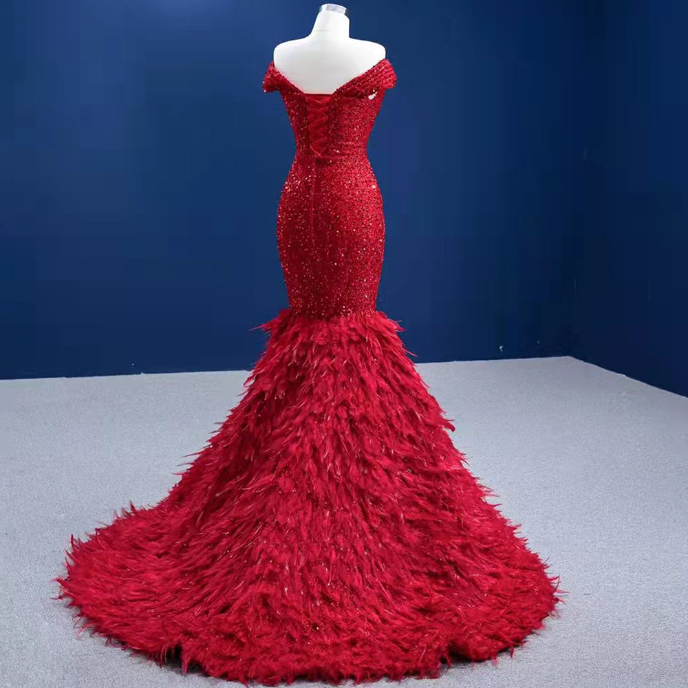 Serene Hill Rode Luxe Elegant Avond Jurken 2025 Sequin Feather Mermaid Voor Vrouwen Party HM67433 - SERENE HILL