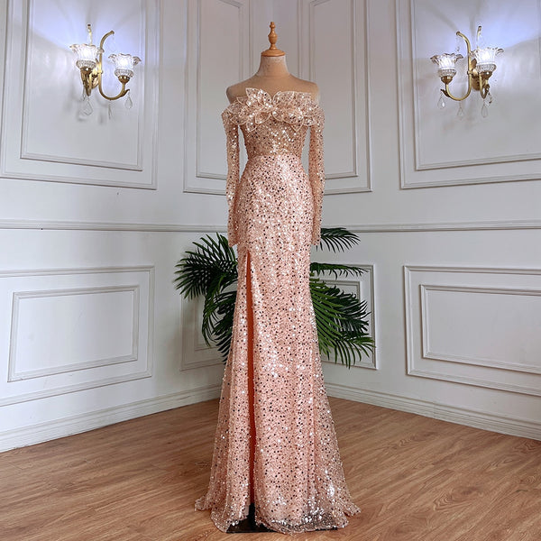 Serene Hill Rose Gold Mermaid Sexy High Split Evening Dresses Long Sleeves Wedding Party Gowns For Women 2025 LA71822