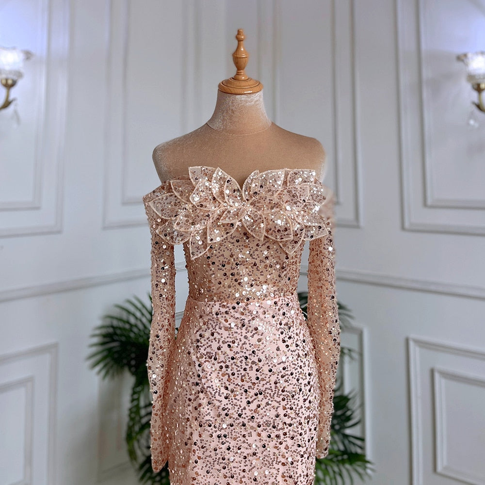 Serene Hill Rose Gold Mermaid Sexy High Split Evening Dresses Long Sleeves Wedding Party Gowns For Women 2025 LA71822 - SERENE HILL