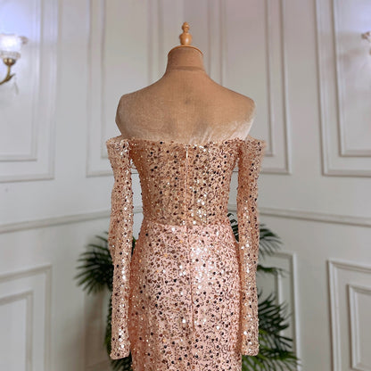 Serene Hill Rose Gold Mermaid Sexy High Split Evening Dresses Long Sleeves Wedding Party Gowns For Women 2025 LA71822 - SERENE HILL
