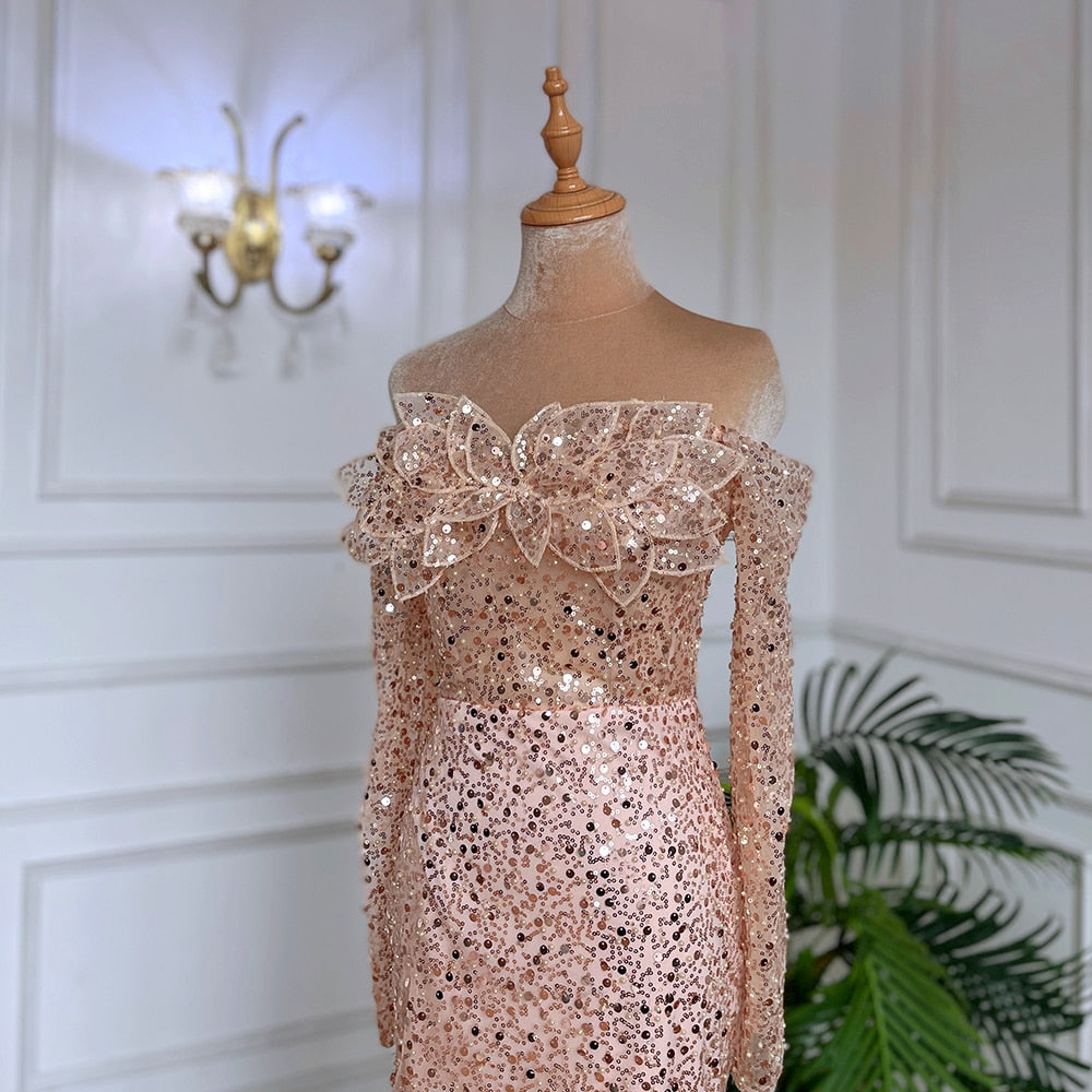 Serene Hill Rose Gold Mermaid Sexy High Split Evening Dresses Long Sleeves Wedding Party Gowns For Women 2025 LA71822 - SERENE HILL
