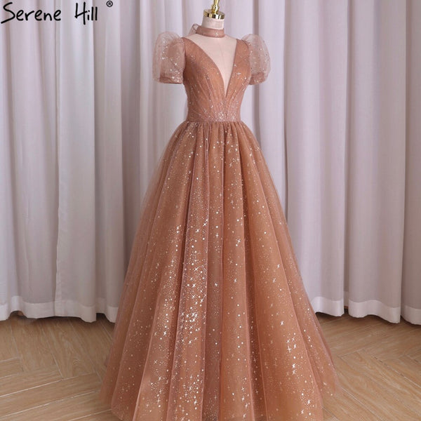 Serene Hill Rose Pink A-Line Evening Dresses Gowns 2025 Short Sleeves Sexy For Women Wedding Party LA70599