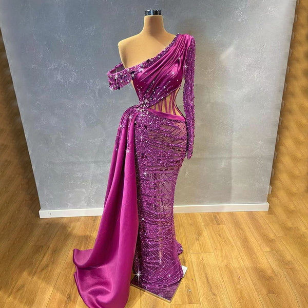 Serene Hill Purple Cut Out Mermaid Sexy One Shoulder Long Sleeves Beaded Evening Dresses Gowns For Women Party 2025 LA71821