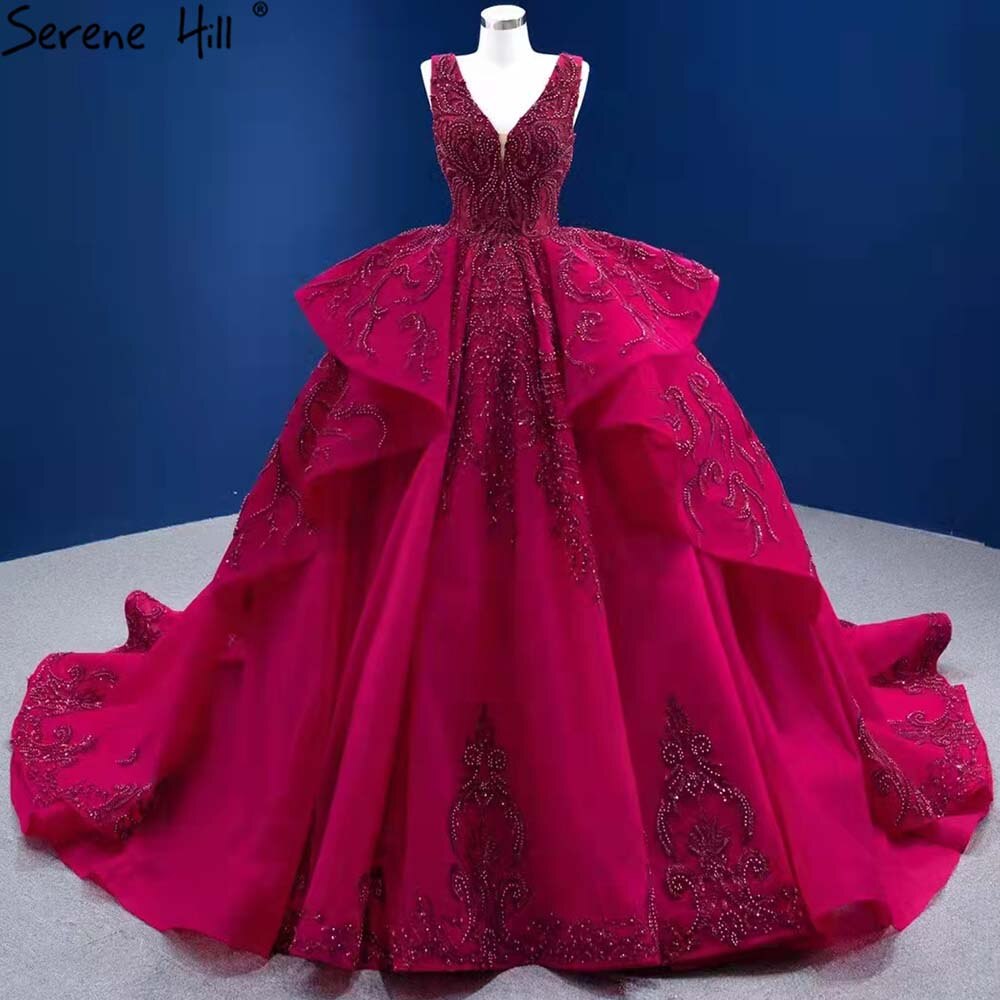 Serene Hill Rose Red Ruffles Wedding Dresses 2025 Beaded V-Neck Luxury Bride Gowns HM67376 Custom Made - SERENE HILL