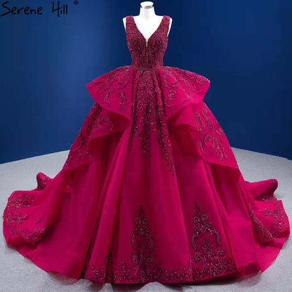 Serene Hill Rose Red Ruffles Wedding Dresses 2025 Beaded V-Neck Luxury Bride Gowns HM67376 Custom Made - SERENE HILL