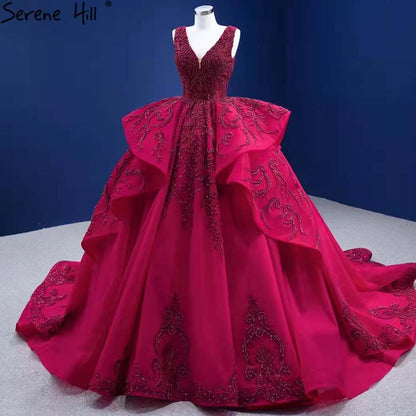 Serene Hill Rose Red Ruffles Wedding Dresses 2025 Beaded V-Neck Luxury Bride Gowns HM67376 Custom Made - SERENE HILL