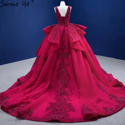 Serene Hill Rose Red Ruffles Wedding Dresses 2025 Beaded V-Neck Luxury Bride Gowns HM67376 Custom Made - SERENE HILL