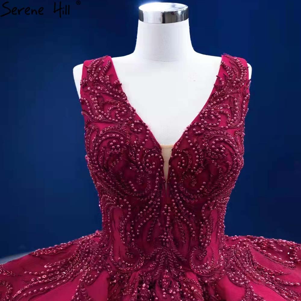 Serene Hill Rose Red Ruffles Wedding Dresses 2025 Beaded V-Neck Luxury Bride Gowns HM67376 Custom Made - SERENE HILL