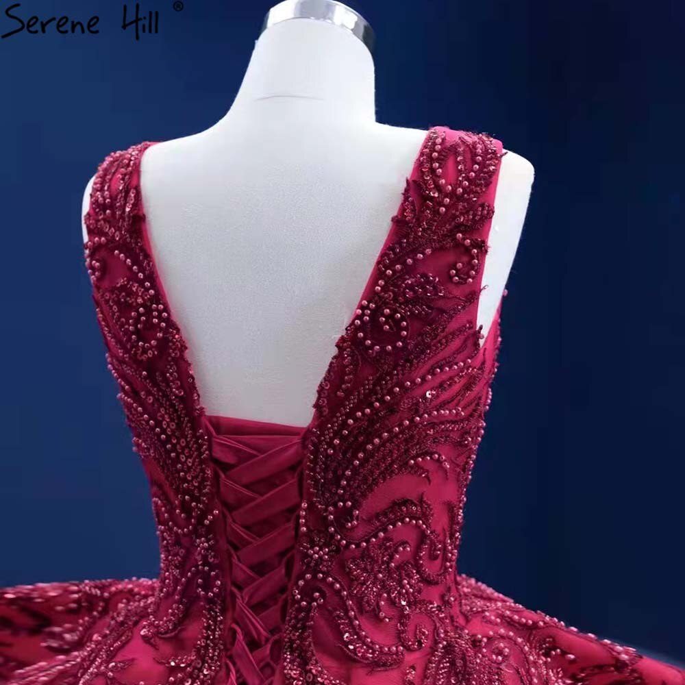 Serene Hill Rose Red Ruffles Wedding Dresses 2025 Beaded V-Neck Luxury Bride Gowns HM67376 Custom Made - SERENE HILL