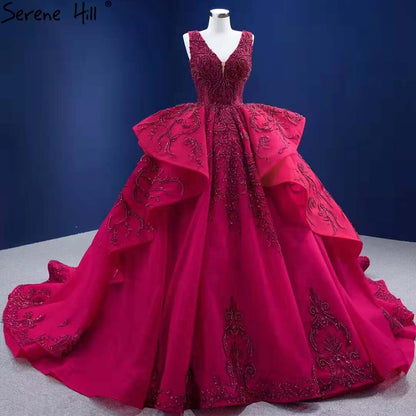 Serene Hill Rose Red Ruffles Wedding Dresses 2025 Beaded V-Neck Luxury Bride Gowns HM67376 Custom Made - SERENE HILL