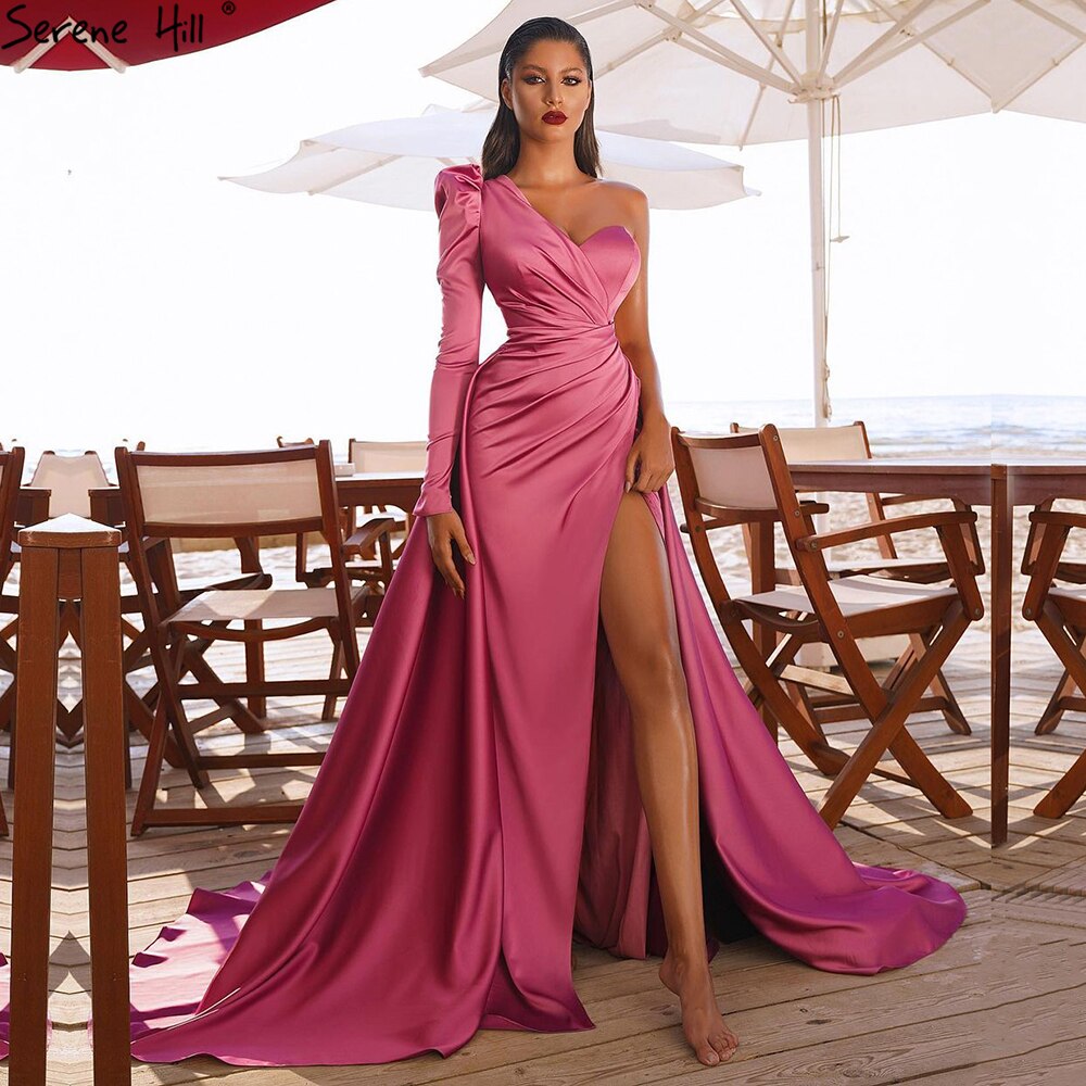 Serene Hill Rose Simple Satin Sexy Evening Dresses Gowns 2025 One Shoulder A-Line High Split For Women Party LA70876 - SERENE HILL