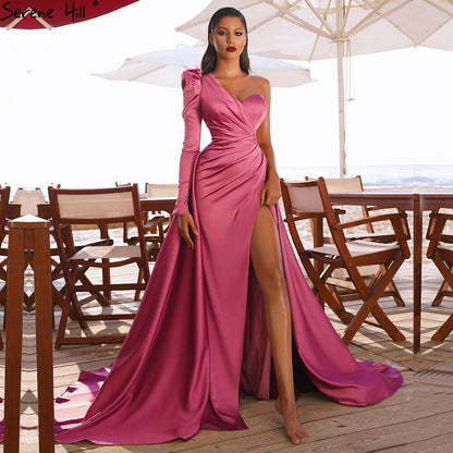 Serene Hill Rose Simple Satin Sexy Evening Dresses Gowns 2025 One Shoulder A-Line High Split For Women Party LA70876 - SERENE HILL