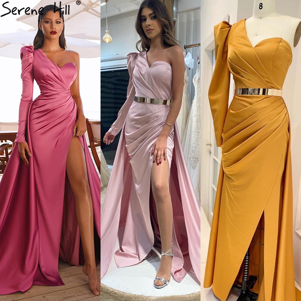 Serene Hill Rose Simple Satin Sexy Evening Dresses Gowns 2025 One Shoulder A-Line High Split For Women Party LA70876 - SERENE HILL