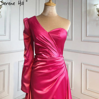 Serene Hill Rose Simple Satin Sexy Evening Dresses Gowns 2025 One Shoulder A-Line High Split For Women Party LA70876 - SERENE HILL
