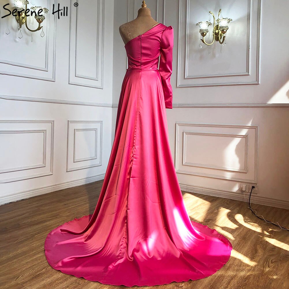 Serene Hill Rose Simple Satin Sexy Evening Dresses Gowns 2025 One Shoulder A-Line High Split For Women Party LA70876 - SERENE HILL