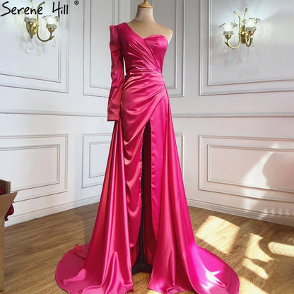 Serene Hill Rose Simple Satin Sexy Evening Dresses Gowns 2025 One Shoulder A-Line High Split For Women Party LA70876 - SERENE HILL