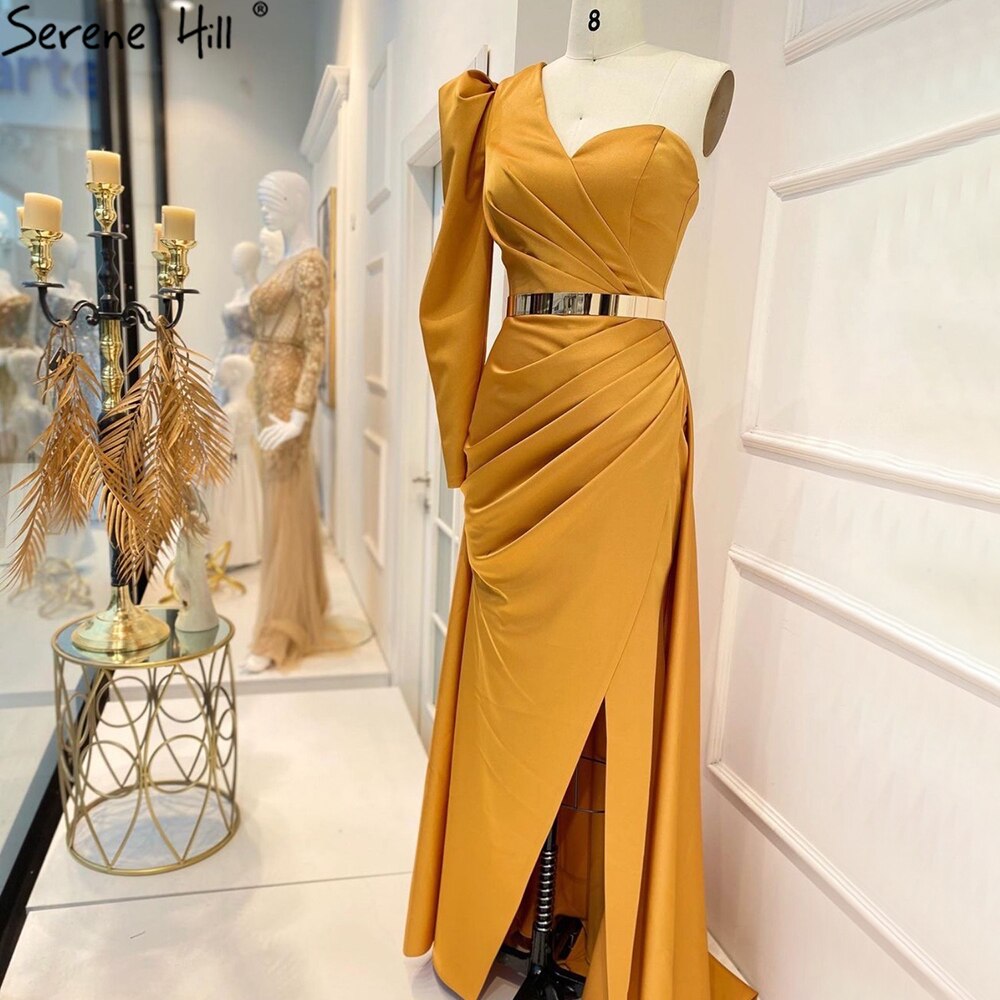 Serene Hill Rose Simple Satin Sexy Evening Dresses Gowns 2025 One Shoulder A-Line High Split For Women Party LA70876 - SERENE HILL