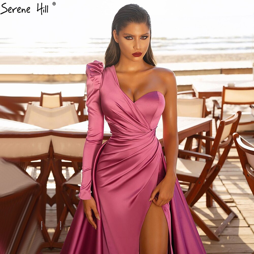 Serene Hill Rose Simple Satin Sexy Evening Dresses Gowns 2025 One Shoulder A-Line High Split For Women Party LA70876 - SERENE HILL