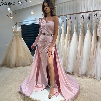 Serene Hill Rose Simple Satin Sexy Evening Dresses Gowns 2025 One Shoulder A-Line High Split For Women Party LA70876 - SERENE HILL