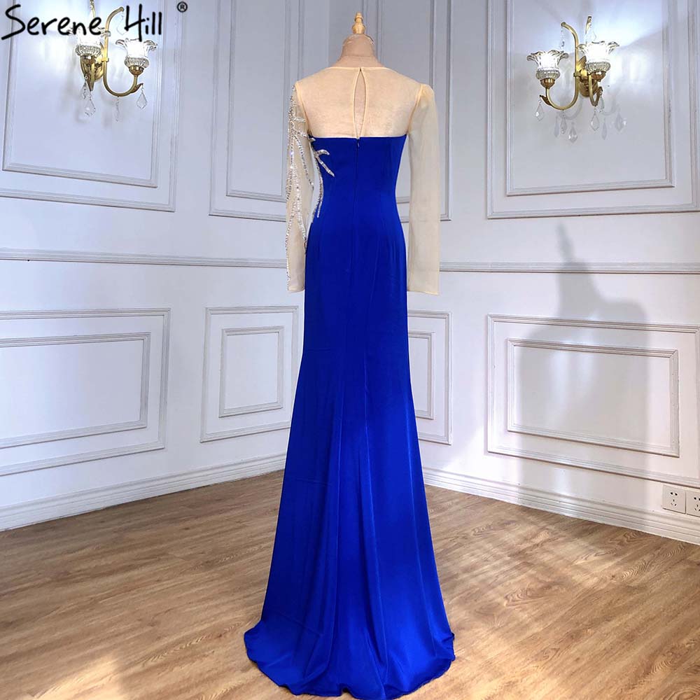 Serene Hill Royal Blue Satin Evening Dresses Gowns 2025 Beaded Elegant Mermaid For Women Wedding Party LA71471 - SERENE HILL
