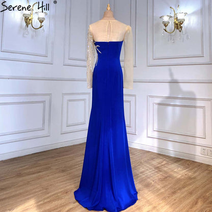 Serene Hill Royal Blue Satin Evening Dresses Gowns 2025 Beaded Elegant Mermaid For Women Wedding Party LA71471 - SERENE HILL