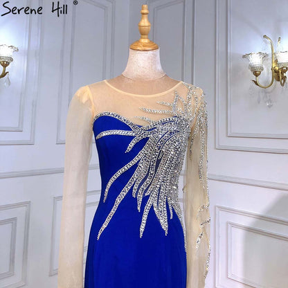 Serene Hill Royal Blue Satin Evening Dresses Gowns 2025 Beaded Elegant Mermaid For Women Wedding Party LA71471 - SERENE HILL