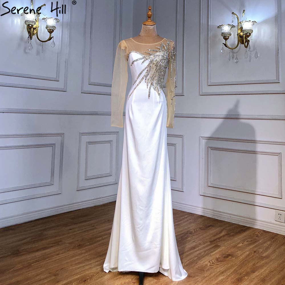 Serene Hill Royal Blue Satin Evening Dresses Gowns 2025 Beaded Elegant Mermaid For Women Wedding Party LA71471 - SERENE HILL