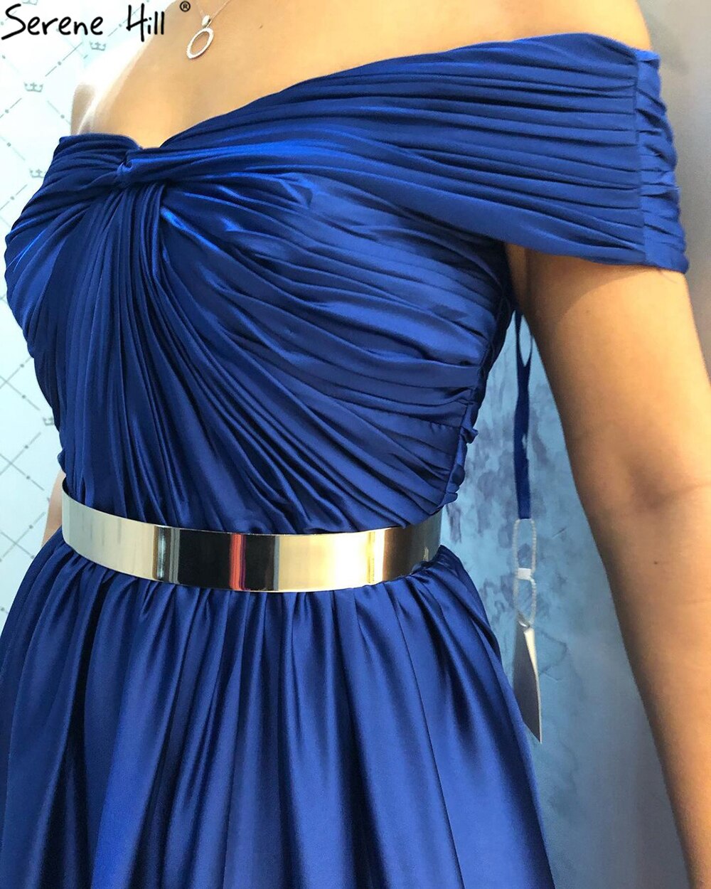 Serene Hill Royal Blue Simple Sartin Evening Dresses Gowns 2025 High Split A-Line Sexy For Women Party LA71301 - SERENE HILL