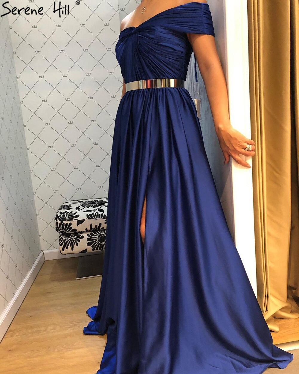 Serene Hill Royal Blue Simple Sartin Evening Dresses Gowns 2025 High Split A-Line Sexy For Women Party LA71301 - SERENE HILL